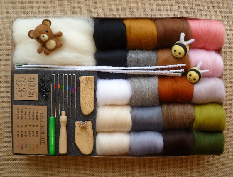 Needle felting kit for beginners 5 styles to choose from animal needle felting kit starter kit toy eyes merino wool roving image 1