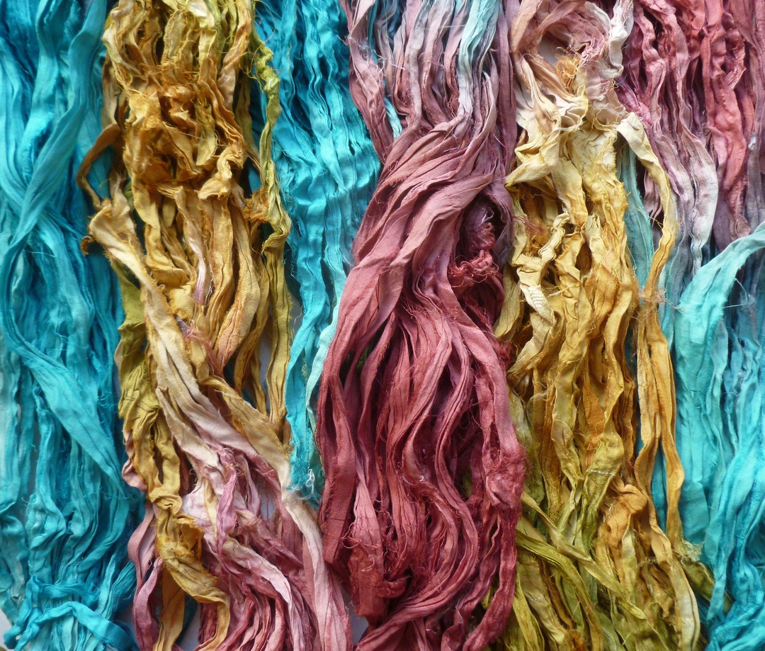 Recycled Sari Silk Ribbon – Raspberry, Gold, Turquoise Hand-dyed Boho ...