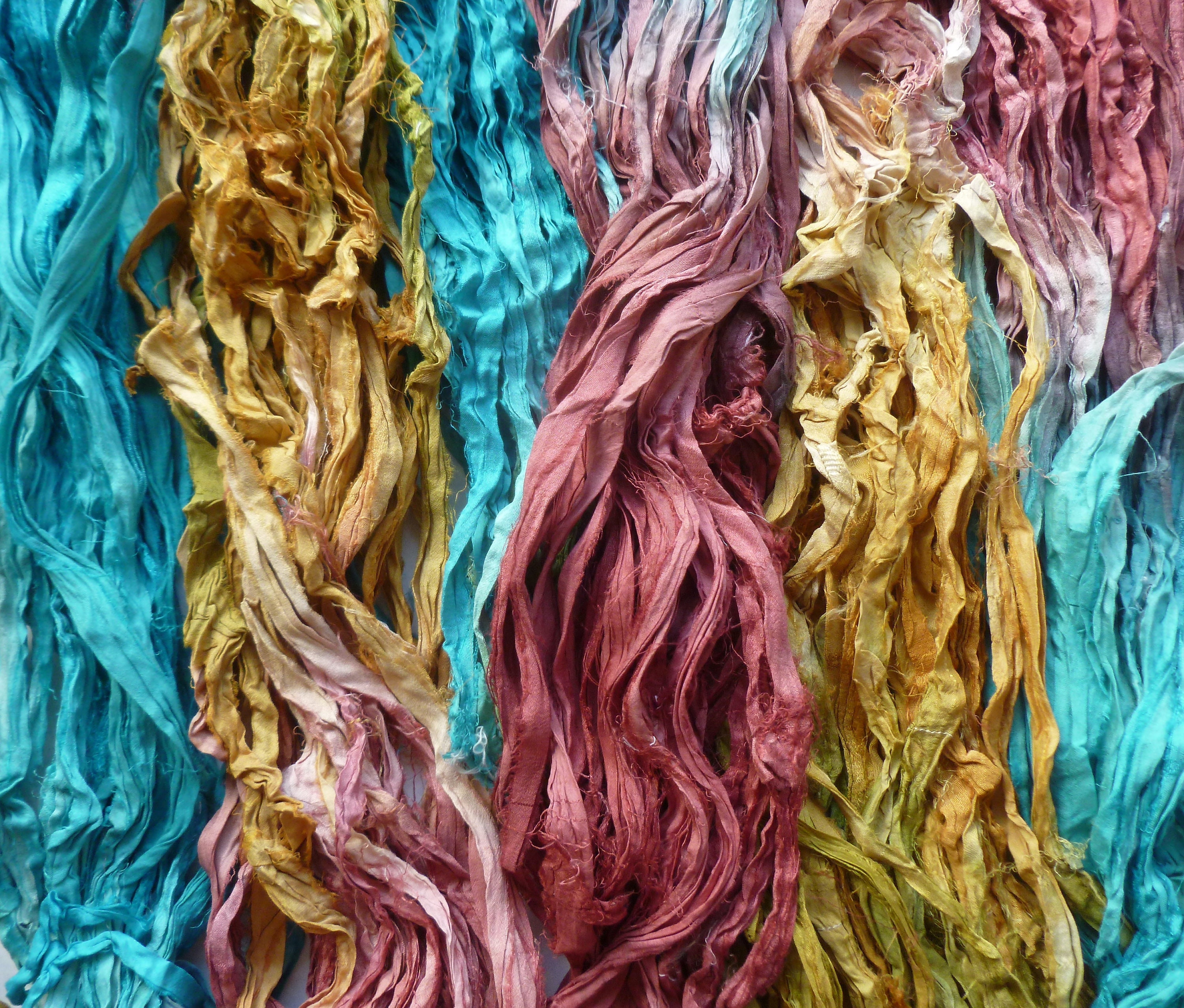 Sari Silk Ribbon Recycled Multicolured Sari Silk Ribbon  Raspberry/gold/turquoise Sari Silk Waste Ribbon Silk Yarn 