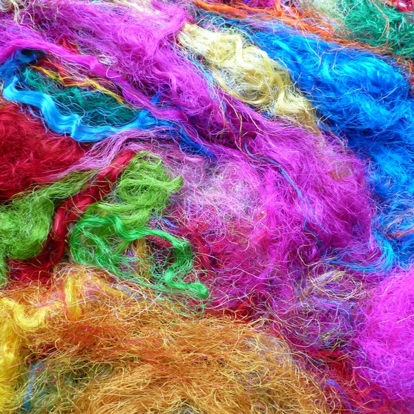 sari silk fibres - Mixed bag - mixed colours - recycled shimmering silk fibres spinning - silk fibres needle felting - silk for wet felting