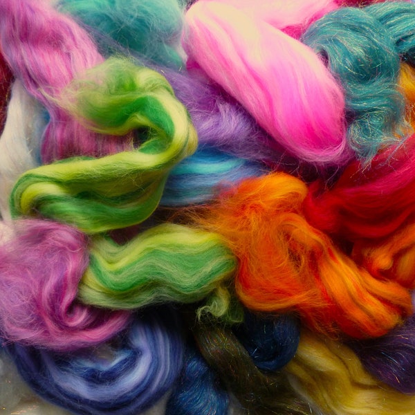 SPECIAL OFFER wool roving 2oz 57g Mixed bag merino blends plus Angelina merino glitter blendeds - Angelina fibres - merino wool roving tops