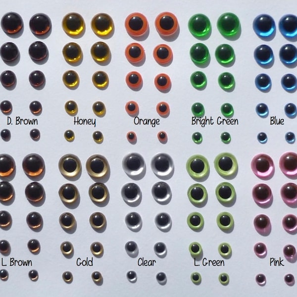 Yeux de sécurité pour jouets Yeux de jouets colorés multi-usages de haute qualité - 5 mm, 6 mm, 7 mm, 8 mm 9 mm, 10 mm - Yeux de poupée - Yeux d'animaux en plastique - Feutrage à l'aiguille