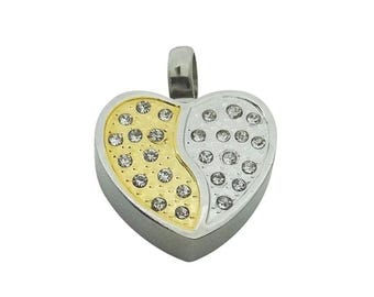 2-Tone Heart CZ Urn Necklace Cremation Jewelry Pet Urn Memorial Keepsake Ash Holder Pendant Includes Funnel