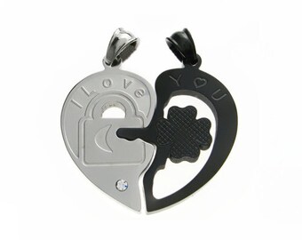 Couple I Love You Heart Lock and Key Pendant Necklace Chain Jewelry 1 Pair Stainless Steel #C27