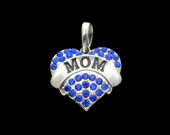 Mom Bling Heart Pendant Blue Rhinestone Pendant Necklace Jewelry
