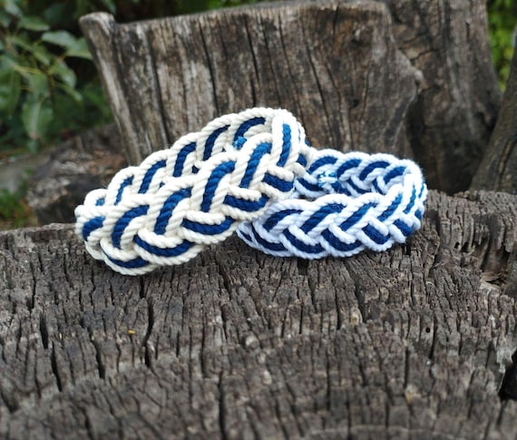 Stripe white blue surfer rope bracelet, Turks Head Knot  Sailor Bracelet