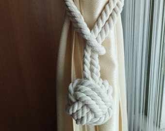 White Monkey fist Curtain Tiebacks, Nautical Curtain Hold back