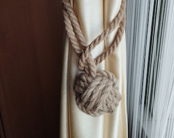 Beige Nautical Jute Monkey fist Curtain Tiebacks