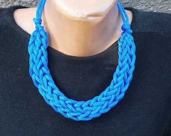 Collar de cuerda trenzada, collar de nudo llamativo, collar grueso náutico, collar de nudo ajustable, collar de cordón azul, joyería de cuerda náutica