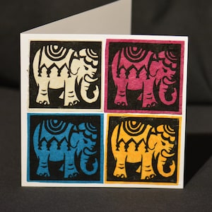 Carte de vœux d’éléphant #2- Impression Linoprint faite à la main 6 « x6 » Éléphant indien d’Afrique