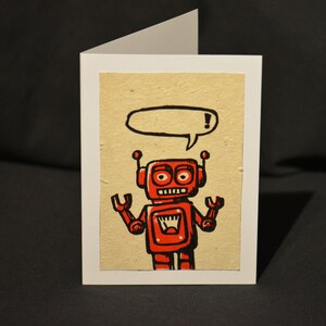 Red Robot Speech Bubble Greetings Card Bleu - Handmade Linoprint Mini print 5"x7 » Space Nasa