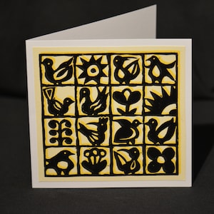 Carte de voeux de grille d'oiseaux - Mini impression linogravure faite main 6 "x 6" style Mid-Century