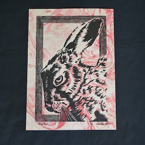 Wütende Hase - handgemachte Linoldruck A3 (42x29,7cm) marmoriertes Papier wütend Hase Kaninchen
