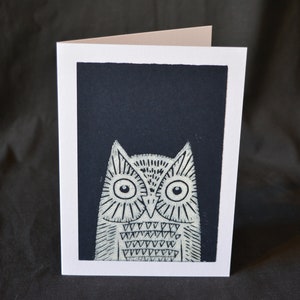 Owl Greetings Card Blue - Handgemaakte Linoprint Mini print 5 "x7" Night time wezens