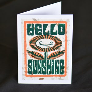 Carte de voeux Flower Power - Impression linogravure faite main 5 x 7 po. Bonjour soleil