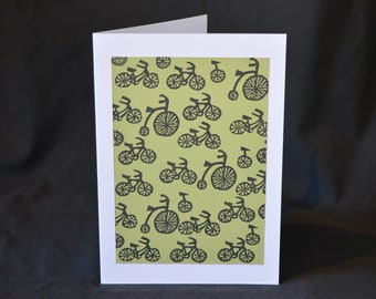 Bicycle Greetings Card Cream - Handmade Linoprint Mini print 5"x7" Cycling Bike BMX