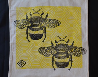 Honey Bee - Hand Printed Cotton Shopping Bag Yellow - Bag for life, Linocut, Tote, Recycle, Insects