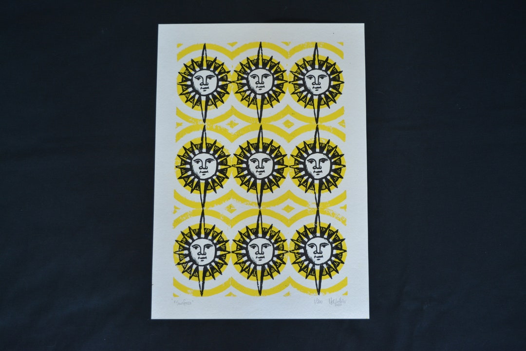 Sunface- Handmade Linoprint A3 (42x29.7cm) Sunshine Sun Star Face ...