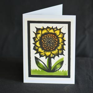 Carte de voeux tournesol - Mini impression linogravure faite main 5 x 7 po. Fleur orange d'été