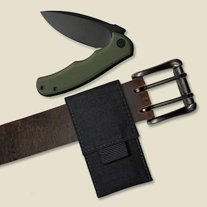 May include: A black leather belt with a silver buckle and a black fabric pouch attached. A green and black folding knife is also pictured.