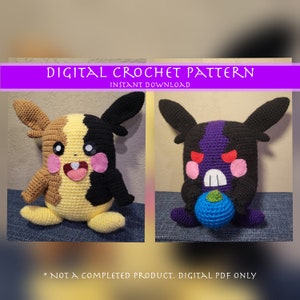 May include: Two crochet plush toys, one yellow, brown, and black, the other black and purple. The toys have large ears, pink cheeks, and embroidered features. Text at the top reads "DIGITAL CROCHET PATTERN INSTANT DOWNLOAD".