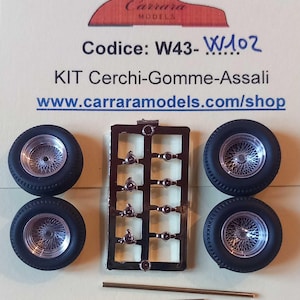 May include: A model car kit featuring four black tyres with silver rims, a sprue of small parts, and two metal rods. The text "Carrara Models" and "Codice: W43-W102" are visible.