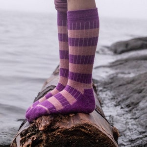 Kids Merino Wool Explore Socks - Wonderland Pink & Purple Stripe - Double Cushioned Bottom - Toddler to Big Kid