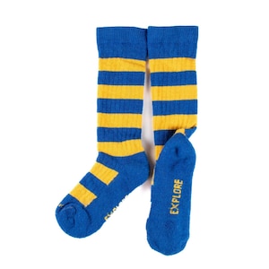 Kids Merino Wool Explore Socks - Sea to Sky Yellow & Blue Stripe - Double Cushioned Bottom - Toddler to Big Kid