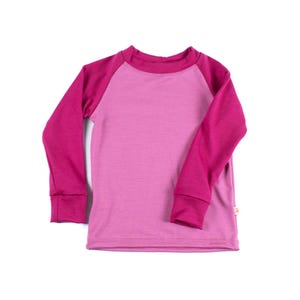Handmade Merino Wool Long Sleeve Top - Kids & Youth Sizes - Pink Color Block Design - Natural Base Layer - Made in Canada