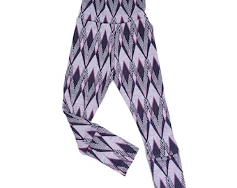 Merino Wool Kids Leggings: Lilac Diamond Print, Adjustable Fit