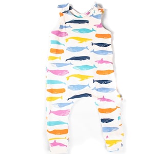 Organic Dungarees - Whales - Multicoloured  - Baby Dungarees / Toddler Dungarees / Baby Romper - Toddler Overalls - Gender Neutral