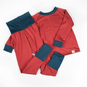 Merino Wool Base Layer Set - Kids Long Sleeve Top & Adjustable Leggings - Brick Orange with Peacock Accents - Handmade in Canada