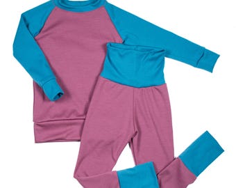 Kids Merino Wool Thermal Set: Adjustable Leggings & Long Sleeve Top - Pink and Blue