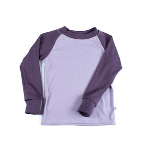 May include: A long-sleeved shirt with a purple and grey colour scheme. The shirt has a baseball-style design with a purple colour on the sleeves and a grey colour on the body of the shirt.