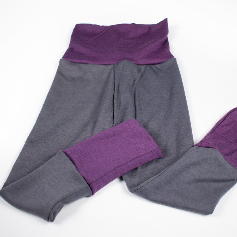 Varying Grey with Purple Grow With Me Leggings Merino Wool Baby Gender Neutral Heavy Weight Merino Wool Adjustable Leggings