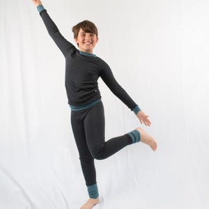 Merino Wool Base Layer Set - Kids Long Sleeve Top & Adjustable Leggings - Charcoal with Stone Blue Accents - Handmade in Canada