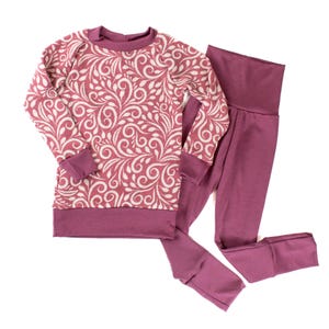 Adjustable Kids&#39; Pure Merino Wool Pajama Set - Wild Rosewood - Mid-Heavy Weight Includes Top and Adjustable Leggings Pink Purple