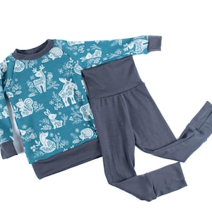 Merino Wool Kids PJ Set | Woodland Animals Print | Adjustable Leggings & Top | Handmade Pajamas 9m-12Y | Eco-Friendly