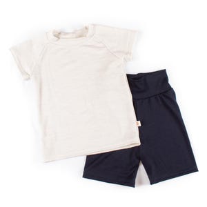 Merino Wool Kids Summer Set - Kids Base Layer Weight - Polar Cream Tee with Navy Shorts