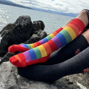 May include: A pair of knee-high socks. One sock is black and the other is red, yellow, green, blue, purple, and orange striped.