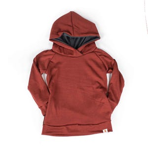 Pure Merino Wool Hoodie - Kids - Brick with Charcoal Accent - Mid Heavy Weight - 290gsm