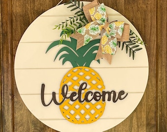 Pineapple Welcome Sign, Pineapple Decor, Pineapple Door Wreath, Summer Door Sign, Welcome Pineapple Sign