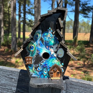 BIRDHOUSE, Fairy Birdhouse, Funky Birdhouse, Unique Birdhouse, Large Birdhouse, Bird Decor, Yard Decor, Peacock Decor, Fairy Birdhouse