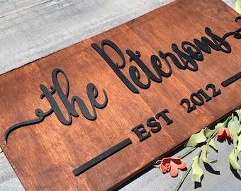 Letrero de madera con nombre de familia en 3D, regalo de boda personalizado