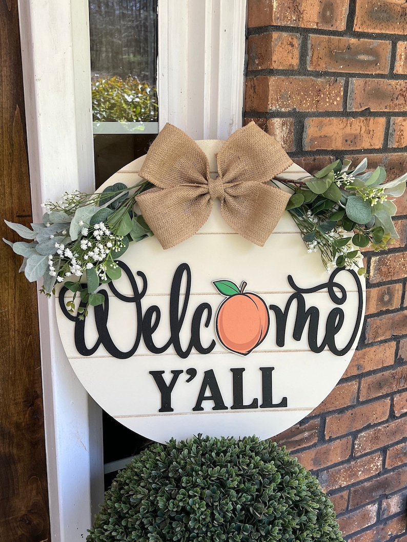 Front Door Decor | Peach Welcome Sign | Welcome Y'all | Front Door Hanger | Front Door Wreath | Personalized | Front Door Sign image 1