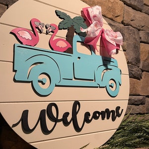 Flamingo Welcome Sign, Summer Welcome Sign, Vintage Truck Welcome Sign, Flamingo Wreath, Summer Door Wreath, Flamingo in Truck Sign, Welcome image 10