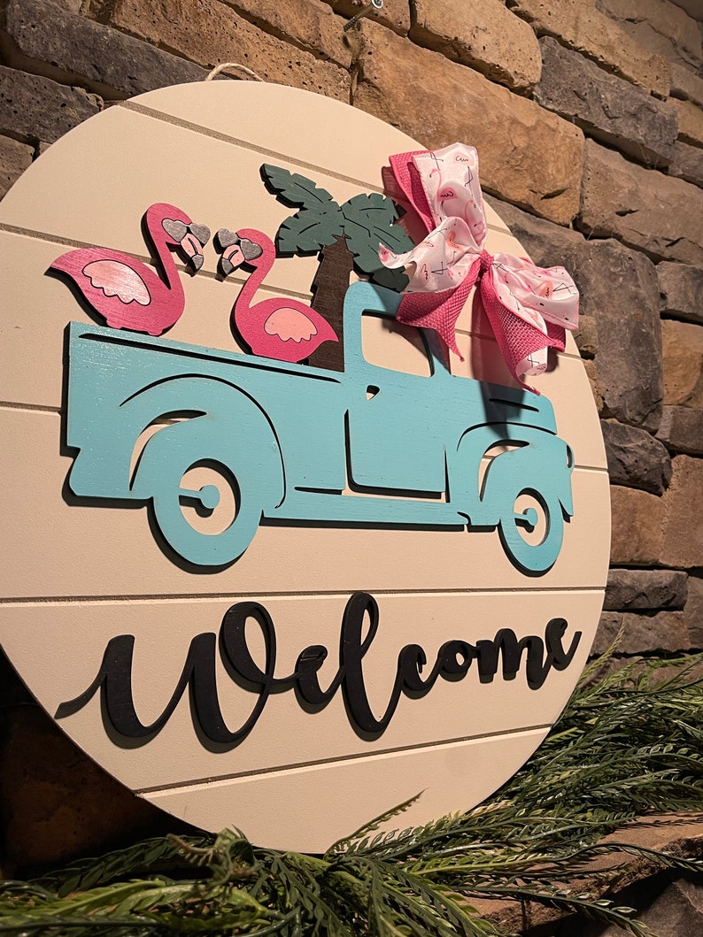 Flamingo Welcome Sign, Summer Welcome Sign, Vintage Truck Welcome Sign, Flamingo Wreath, Summer Door Wreath, Flamingo in Truck Sign, Welcome image 10