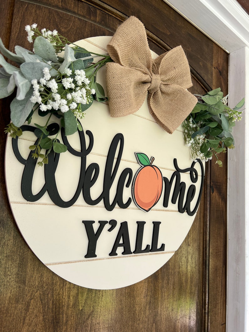 Front Door Decor | Peach Welcome Sign | Welcome Y'all | Front Door Hanger | Front Door Wreath | Personalized | Front Door Sign image 6