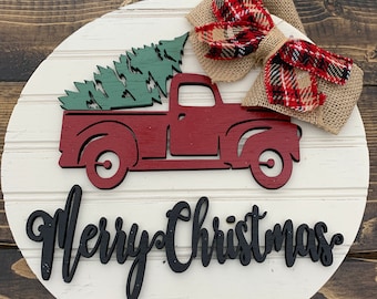 Cartello di Buon Natale, Cartello con ghirlanda e camion rosso, Decorazioni con camion rosso, Tema camion rosso, Cartello di Natale con camion, Decorazioni natalizie, Cartelli per le feste