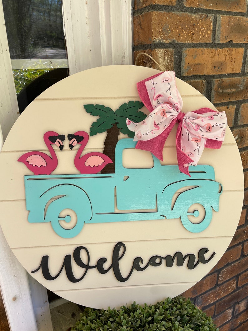 Flamingo Welcome Sign, Summer Welcome Sign, Vintage Truck Welcome Sign, Flamingo Wreath, Summer Door Wreath, Flamingo in Truck Sign, Welcome image 2